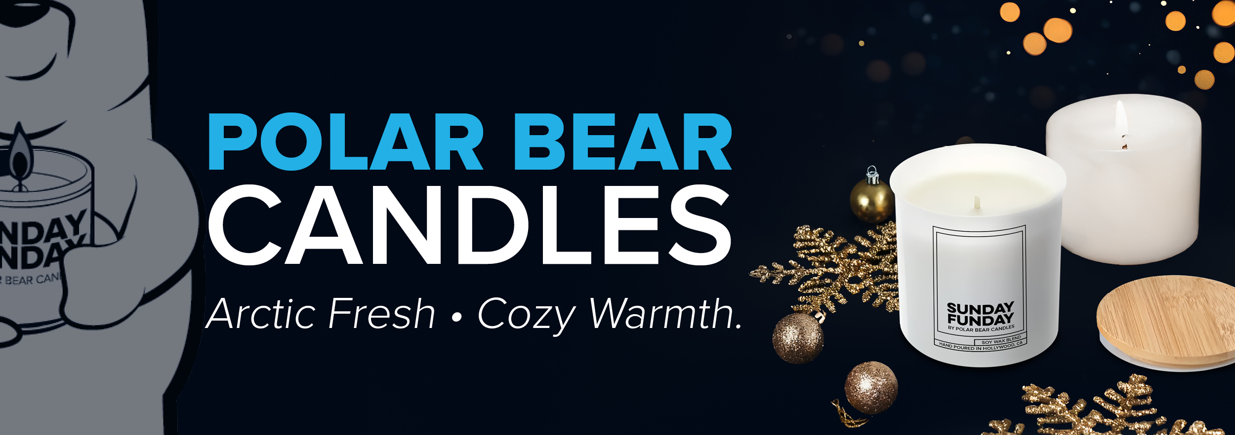 Web Banner: Arctic Fresh. Cozy Warmth. Polar Bear Candles.